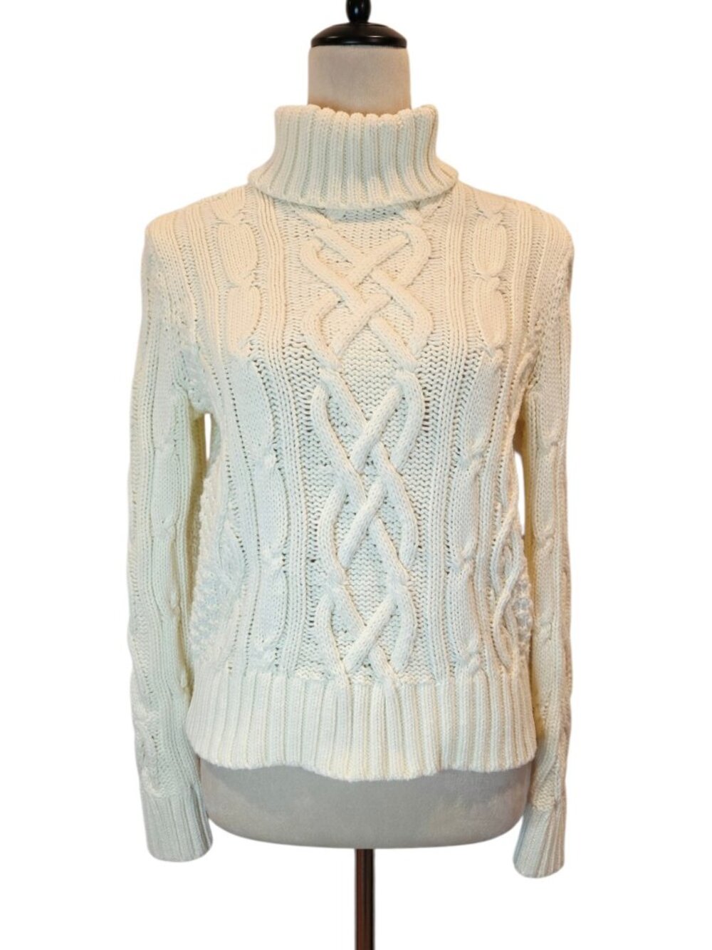 Lands End Drifter Cable Knit Turtleneck Sweater 100% Cotton Ivory M (10-12)